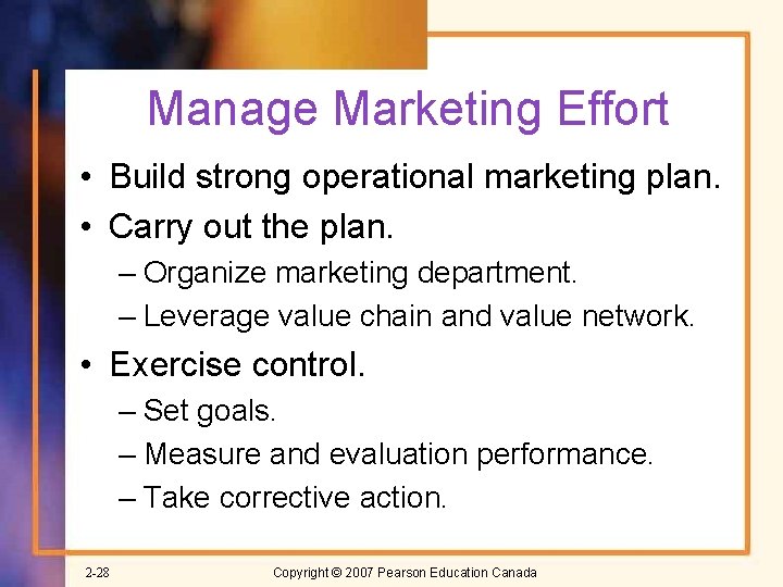 Manage Marketing Effort • Build strong operational marketing plan. • Carry out the plan.