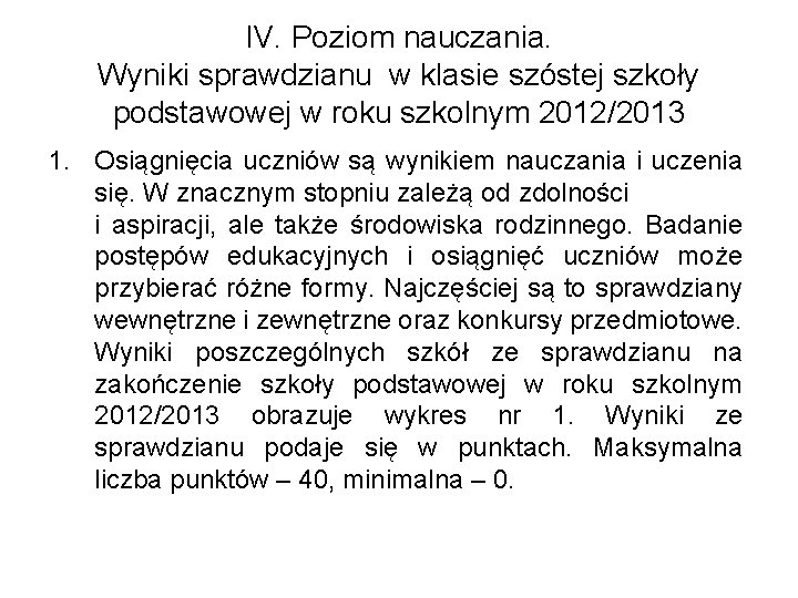 IV. Poziom nauczania. Wyniki sprawdzianu w klasie szóstej szkoły podstawowej w roku szkolnym 2012/2013