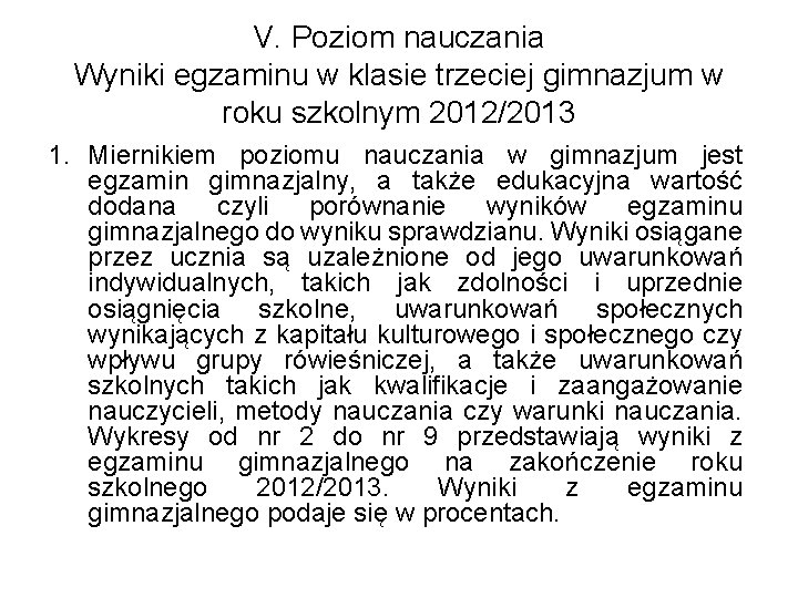 V. Poziom nauczania Wyniki egzaminu w klasie trzeciej gimnazjum w roku szkolnym 2012/2013 1.