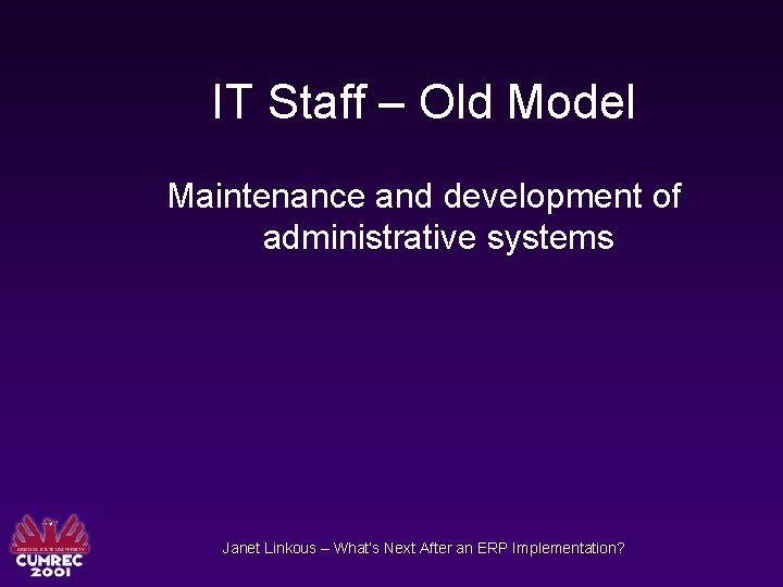 IT Staff – Old Model Maintenance and development of administrative systems Janet Linkous –