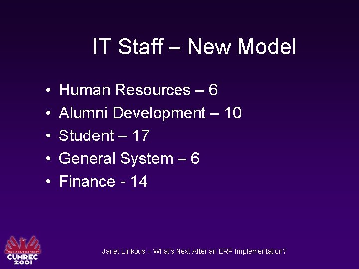IT Staff – New Model • • • Human Resources – 6 Alumni Development
