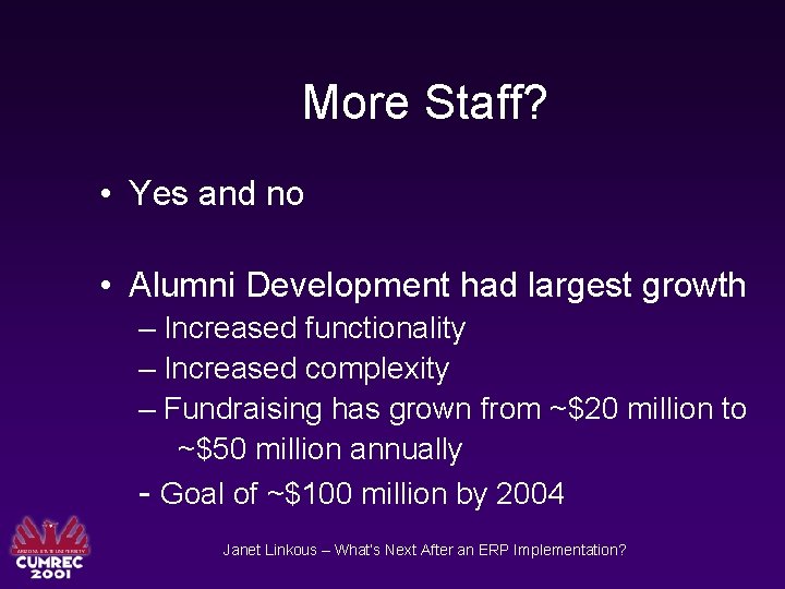 More Staff? • Yes and no • Alumni Development had largest growth – Increased