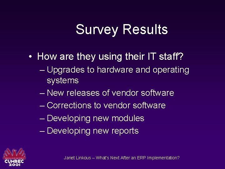 Survey Results • How are they using their IT staff? – Upgrades to hardware