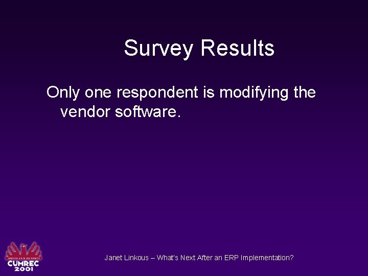 Survey Results Only one respondent is modifying the vendor software. Janet Linkous – What’s