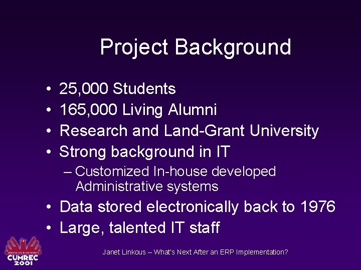 Project Background • • 25, 000 Students 165, 000 Living Alumni Research and Land-Grant