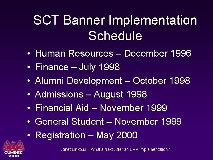 SCT Banner Implementation Schedule • • Human Resources – December 1996 Finance – July