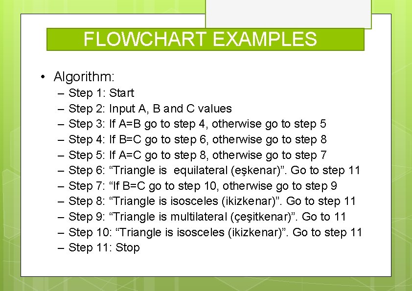 FLOWCHART EXAMPLES • Algorithm: – – – Step 1: Start Step 2: Input A,