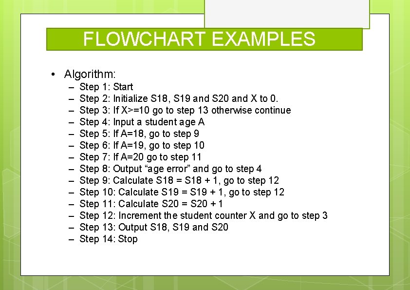 FLOWCHART EXAMPLES • Algorithm: – – – – Step 1: Start Step 2: Initialize