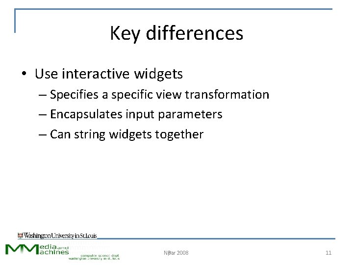 Key differences • Use interactive widgets – Specifies a specific view transformation – Encapsulates