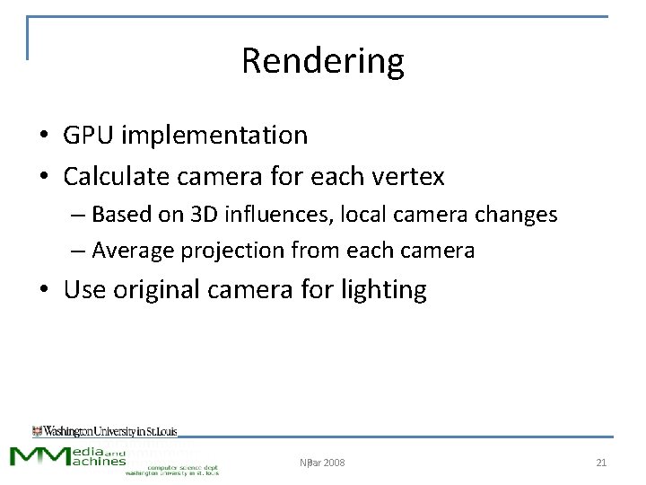 Rendering • GPU implementation • Calculate camera for each vertex – Based on 3