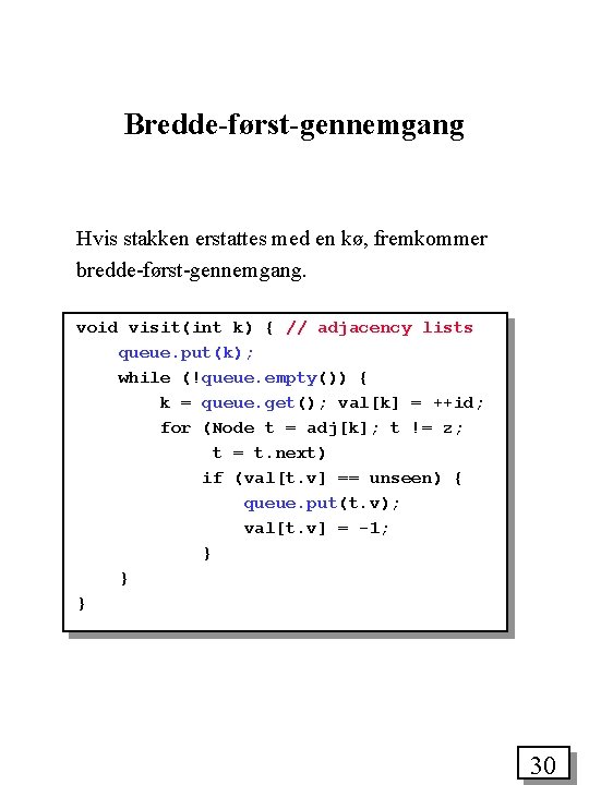 Bredde-først-gennemgang Hvis stakken erstattes med en kø, fremkommer bredde-først-gennemgang. void visit(int k) { //