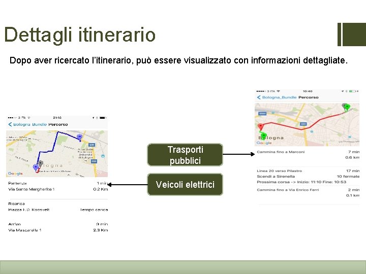 Dettagli itinerario Dopo aver ricercato l’itinerario, può essere visualizzato con informazioni dettagliate. Trasporti pubblici