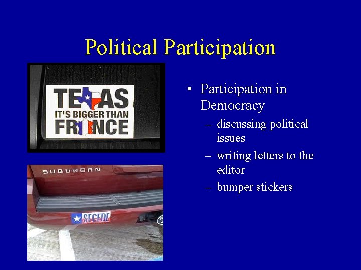 Political Participation • Participation in Democracy – discussing political issues – writing letters to