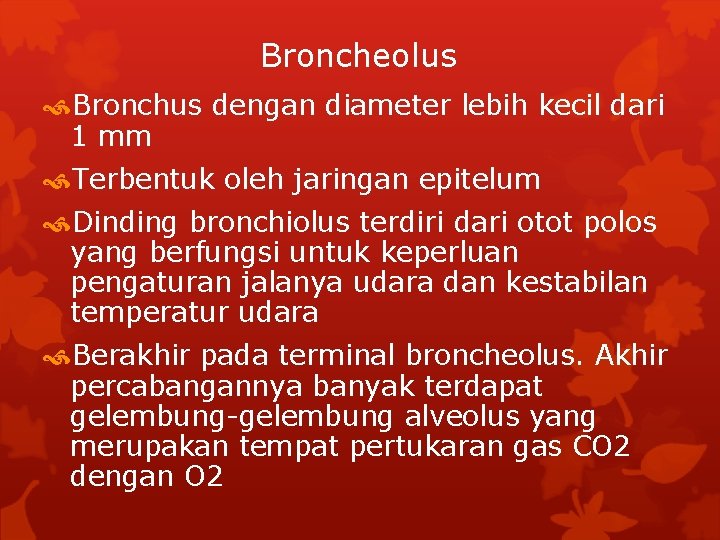 Broncheolus Bronchus dengan diameter lebih kecil dari 1 mm Terbentuk oleh jaringan epitelum Dinding