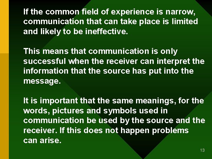 If the common field of experience is narrow, communication that can take place is