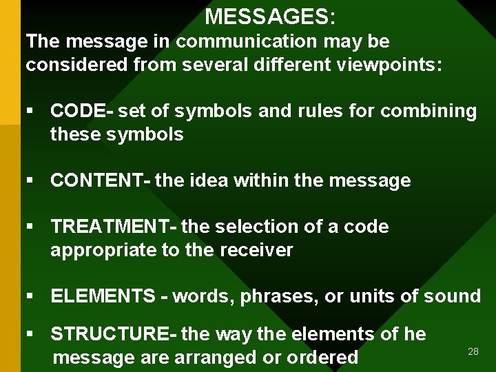 MESSAGES: The message in communication may be considered from several different viewpoints: § CODE-