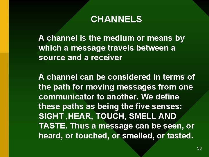 CHANNELS A channel is the medium or means by which a message travels between