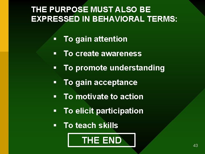 THE PURPOSE MUST ALSO BE EXPRESSED IN BEHAVIORAL TERMS: § To gain attention §