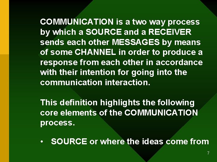 COMMUNICATION is a two way process by which a SOURCE and a RECEIVER sends
