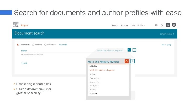 Search for documents and author profiles with ease • Simple single search box •