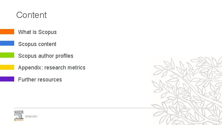 Content What is Scopus content Scopus author profiles Appendix: research metrics Further resources 05.