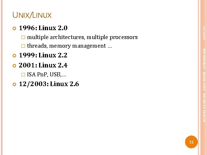 UNIX/LINUX 1996: Linux 2. 0 01/2009 � multiple architectures, multiple processors BM MMT&VT -
