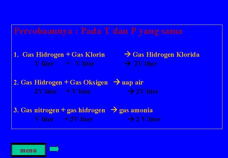 Percobaannya : Pada T dan P yang sama 1. Gas Hidrogen + Gas Klorin