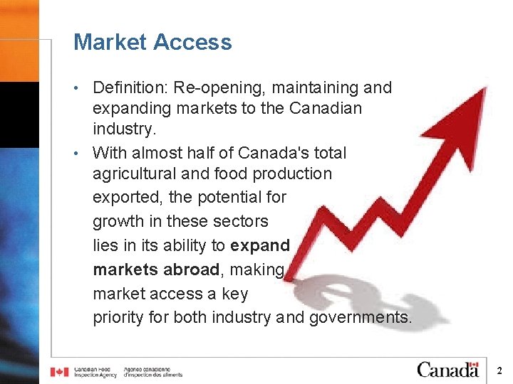 Market Access • Definition: Re-opening, maintaining and expanding markets to the Canadian industry. • Market Access • Definition: Re-opening, maintaining and expanding markets to the Canadian industry. •