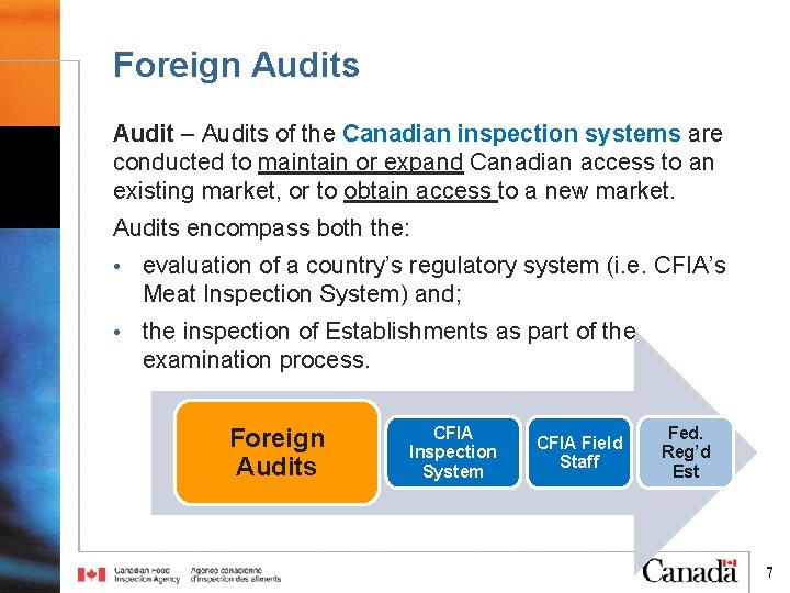 Foreign Audits Audit – Audits of the Canadian inspection systems are conducted to maintain Foreign Audits Audit – Audits of the Canadian inspection systems are conducted to maintain