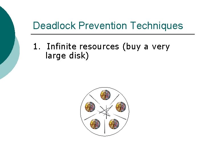 Deadlock Prevention Techniques 1. Infinite resources (buy a very large disk) 