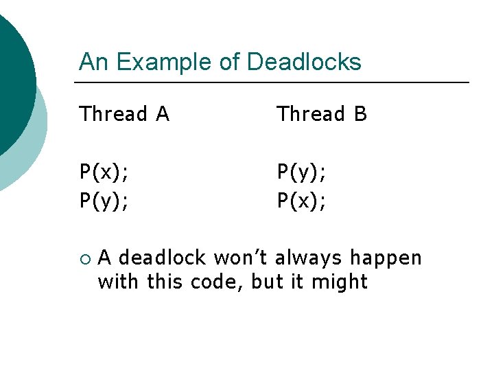 An Example of Deadlocks Thread A Thread B P(x); P(y); P(x); ¡ A deadlock