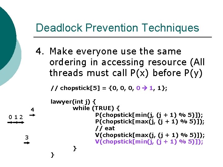 Deadlock Prevention Techniques 4. Make everyone use the same ordering in accessing resource (All