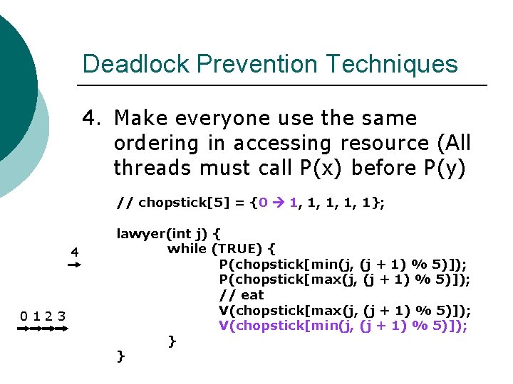 Deadlock Prevention Techniques 4. Make everyone use the same ordering in accessing resource (All