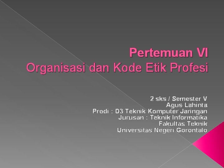 Pertemuan VI Organisasi dan Kode Etik Profesi 2 sks / Semester V Agus Lahinta