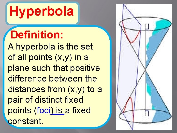 Hyperbola Definition: A hyperbola is the set of all points (x, y) in a