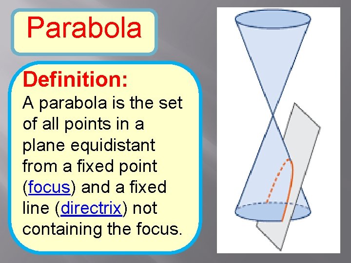 Parabola Definition: A parabola is the set of all points in a plane equidistant