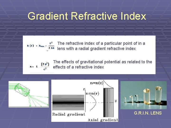 Gradient Refractive Index The refractive index of a particular point of in a lens