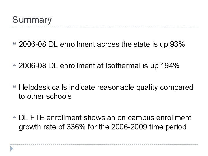 Summary 2006 -08 DL enrollment across the state is up 93% 2006 -08 DL