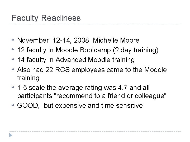 Faculty Readiness November 12 -14, 2008 Michelle Moore 12 faculty in Moodle Bootcamp (2