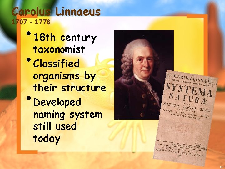 Carolus Linnaeus 1707 – 1778 • 18 th century taxonomist • Classified • organisms