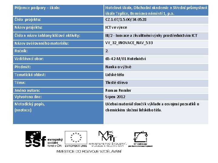 Příjemce podpory – škola: Číslo projektu: Hotelová škola, Obchodní akademie a Střední průmyslová škola