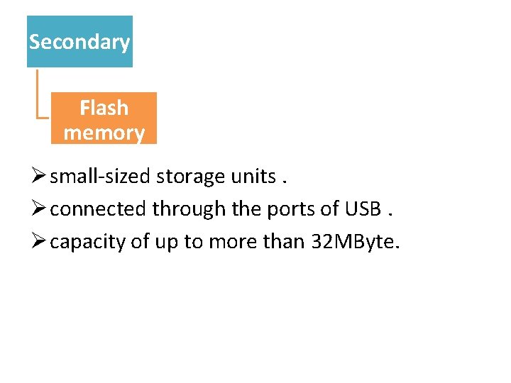 Secondary Flash memory Ø small-sized storage units. Ø connected through the ports of USB.