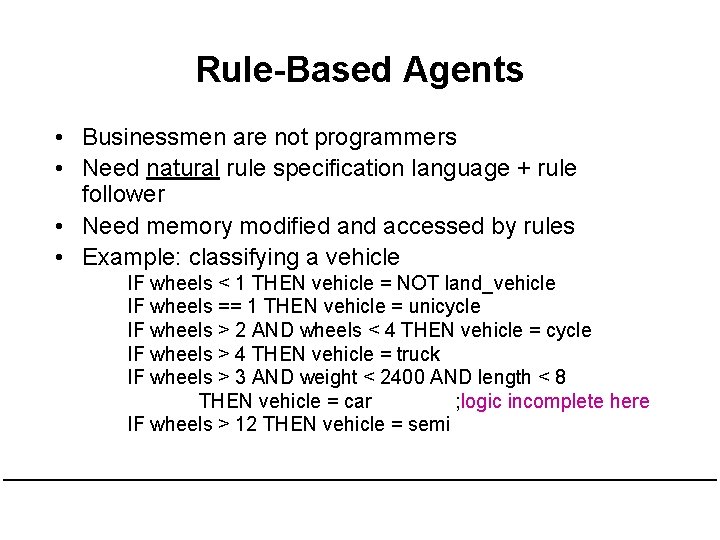 Rule-Based Agents • Businessmen are not programmers • Need natural rule specification language +