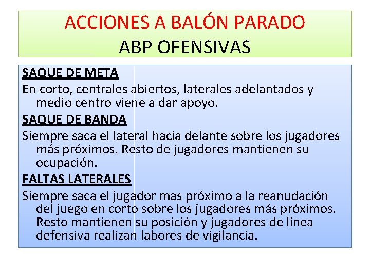 ACCIONES A BALÓN PARADO ABP OFENSIVAS SAQUE DE META En corto, centrales abiertos, laterales