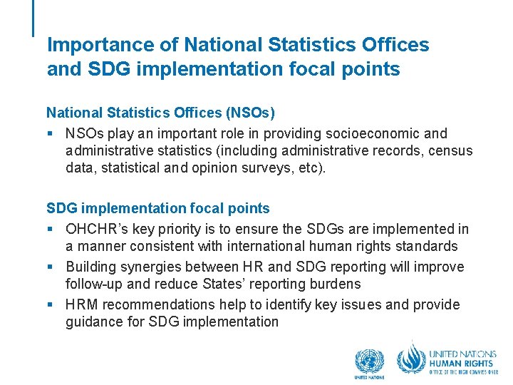 Importance of National Statistics Offices and SDG implementation focal points National Statistics Offices (NSOs)