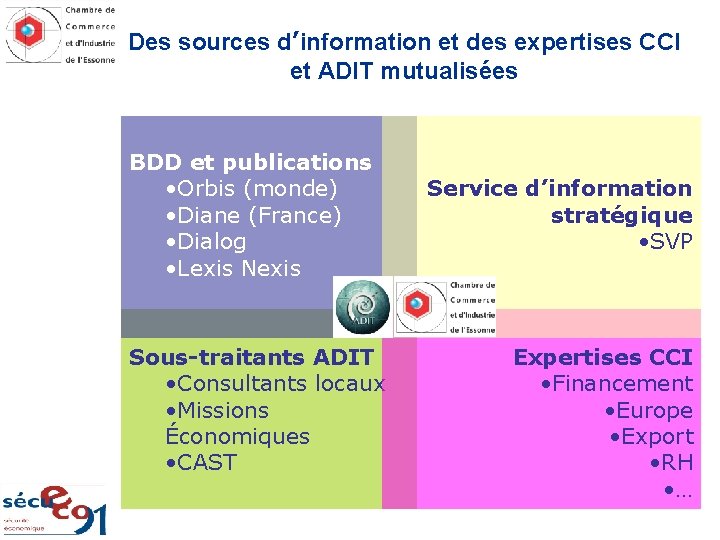 Des sources d’information et des expertises CCI et ADIT mutualisées BDD et publications •