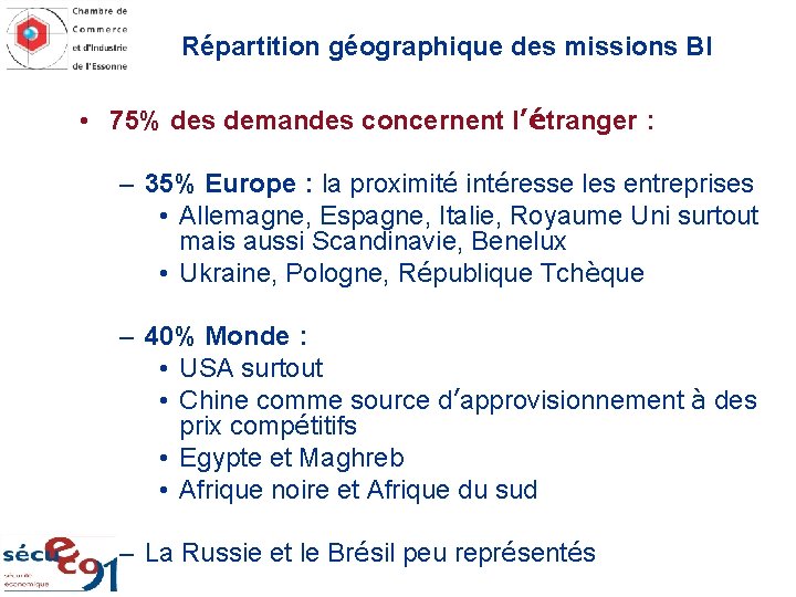 Répartition géographique des missions BI • 75% des demandes concernent l’étranger : – 35%