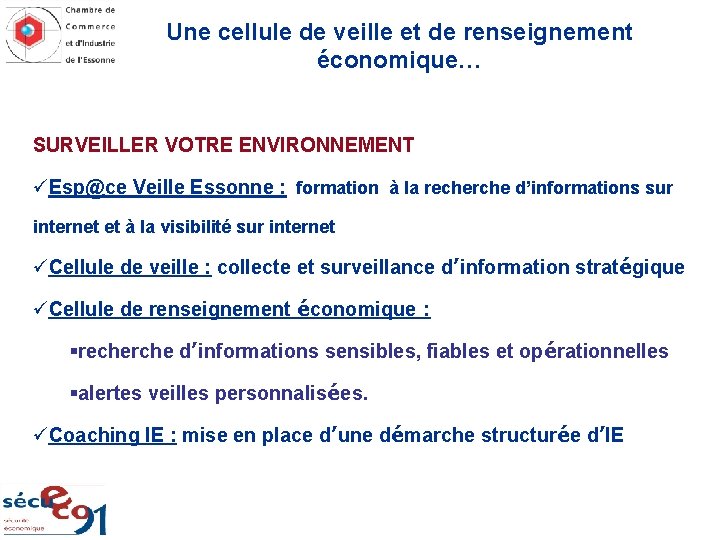 Une cellule de veille et de renseignement économique… SURVEILLER VOTRE ENVIRONNEMENT üEsp@ce Veille Essonne