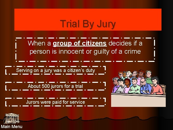 Trial By Jury When a group of citizens decides if a person is innocent