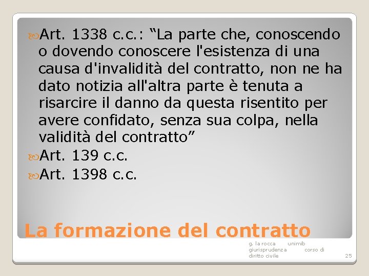  Art. 1338 c. c. : “La parte che, conoscendo o dovendo conoscere l'esistenza